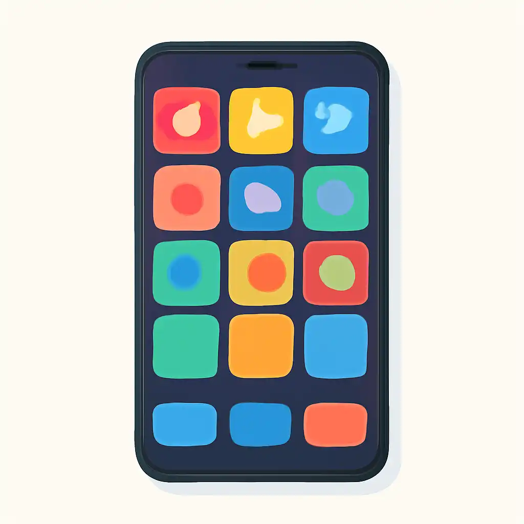 Smartphone shown from the front displaying a colourful flat layout of abstract game icons and rounded tiles (no text, no letters, no labels), 55 Club