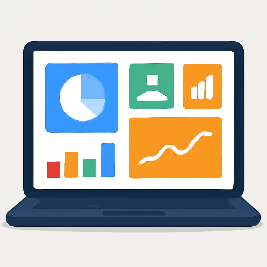 Laptop shown from the front displaying a colourful flat dashboard of abstract charts, bars and icon tiles (no text, no letters, no labels), 55 Club
